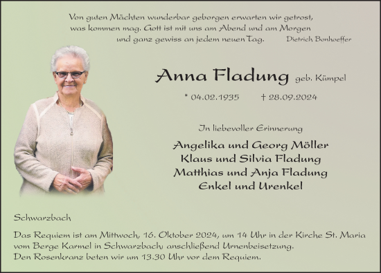 Traueranzeige von Anna Fladung von FZ