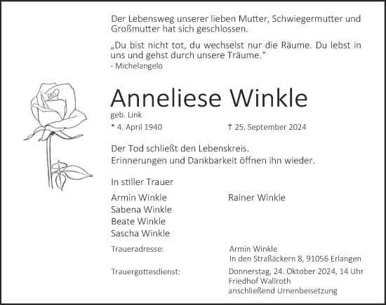 Traueranzeige von Anneliese Winkle von FZ