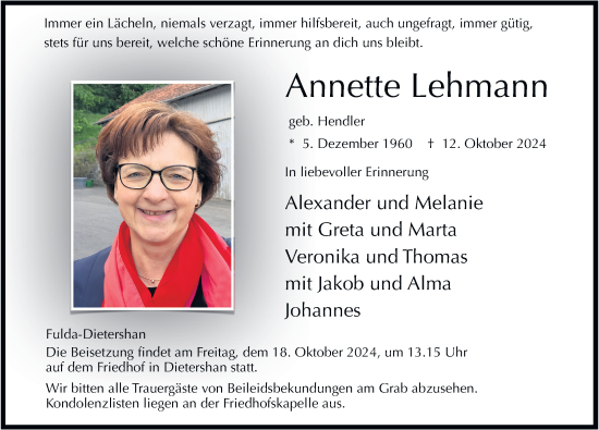 Traueranzeige von Annette Lehmann von FZ