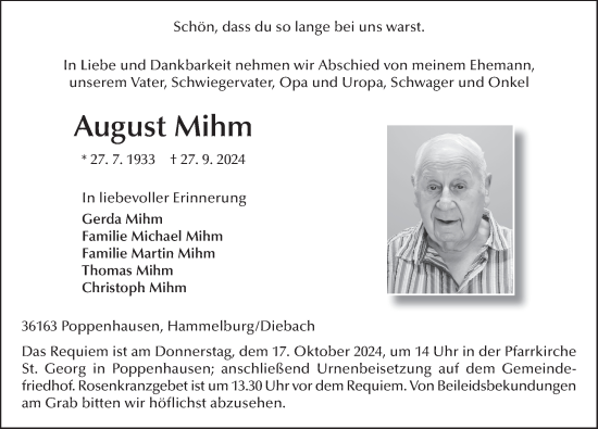 Traueranzeige von August Mihm von FZ