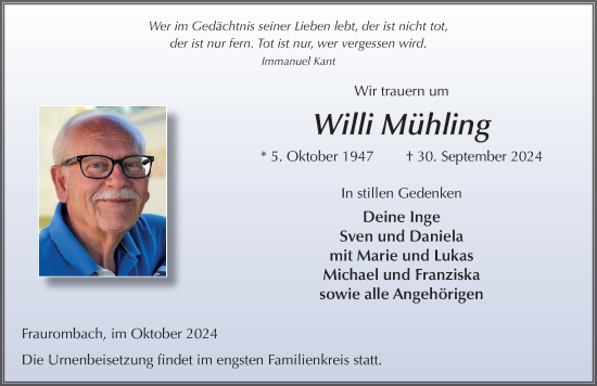 Traueranzeige von Wili Mühling von FZ