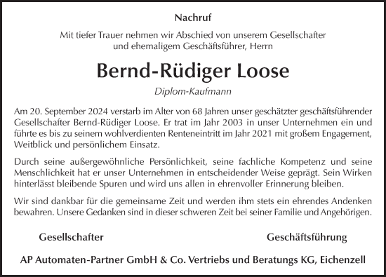Traueranzeige von Bernd-Rüdiger Loose von FZ