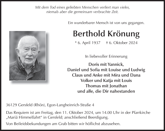 Traueranzeige von Berthold Krönung von FZ