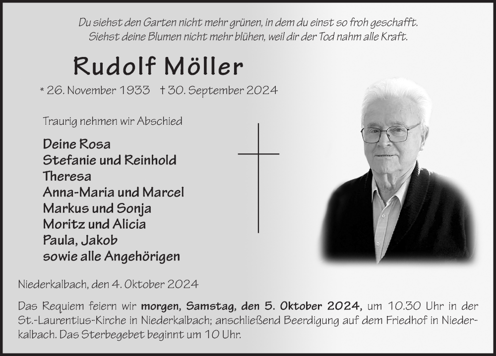  Traueranzeige für Rudolf Möller vom 04.10.2024 aus FZ