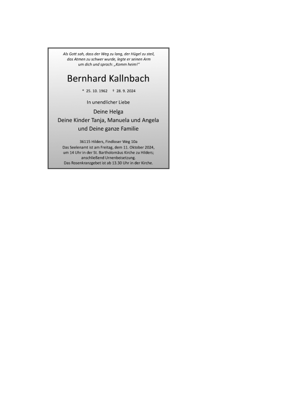 Traueranzeige von Bernhard Kallnbach von FZ