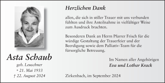 Traueranzeige von Asta Schaub von FZ