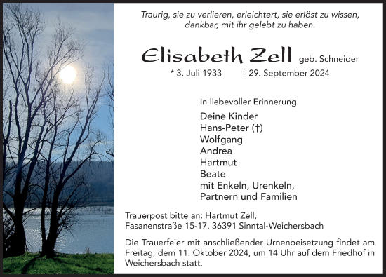 Traueranzeige von Elisabeth Zell von FZ