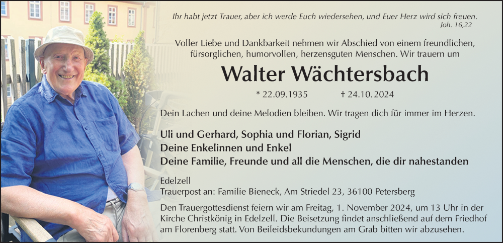  Traueranzeige für Walter Wächtersbach vom 30.10.2024 aus FZ
