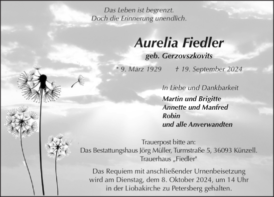 Traueranzeige von Aurelia Fiedler von FZ