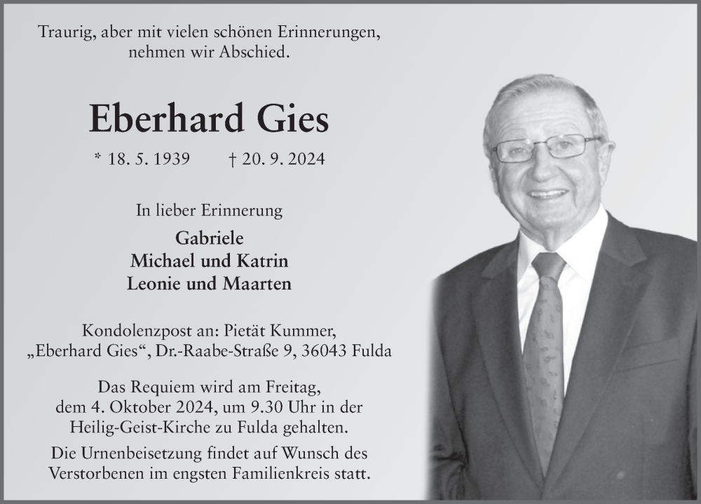  Traueranzeige für Eberhard Gies vom 01.10.2024 aus FZ