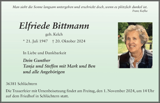 Traueranzeige von Elfriede Bittmann von FZ
