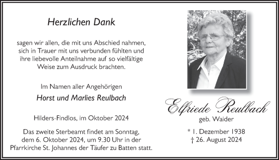 Traueranzeige von Elfriede Reulbach von FZ