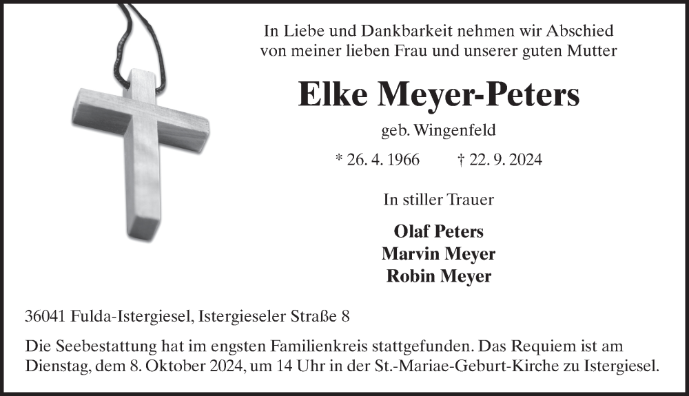 Traueranzeige für Elke Meyer-Peters vom 04.10.2024 aus FZ