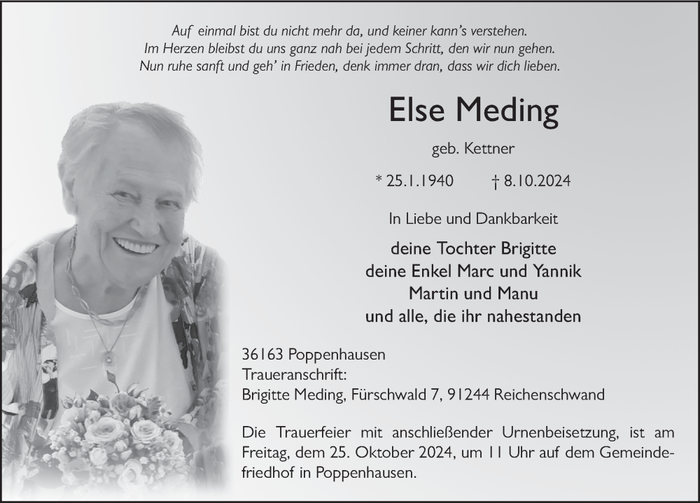  Traueranzeige für Else Meding vom 19.10.2024 aus FZ