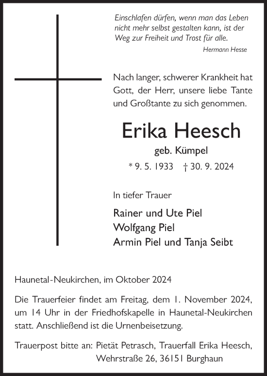Traueranzeige von Erika Heesch von FZ