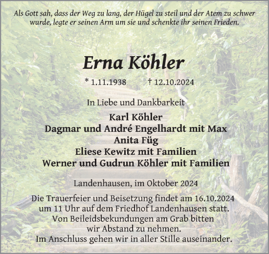 Traueranzeige von Erna Köhler von FZ