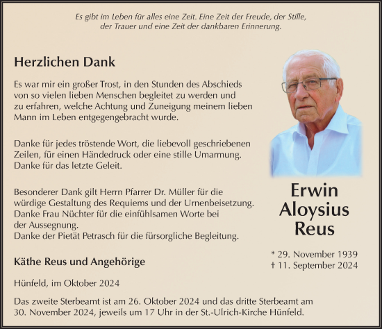 Traueranzeige von Erwin Aloysius Reus von FZ