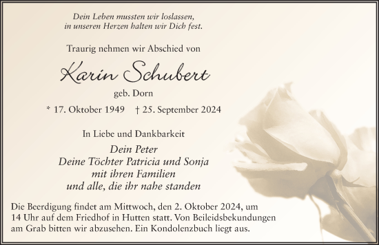 Traueranzeige von Karin Schubert von FZ