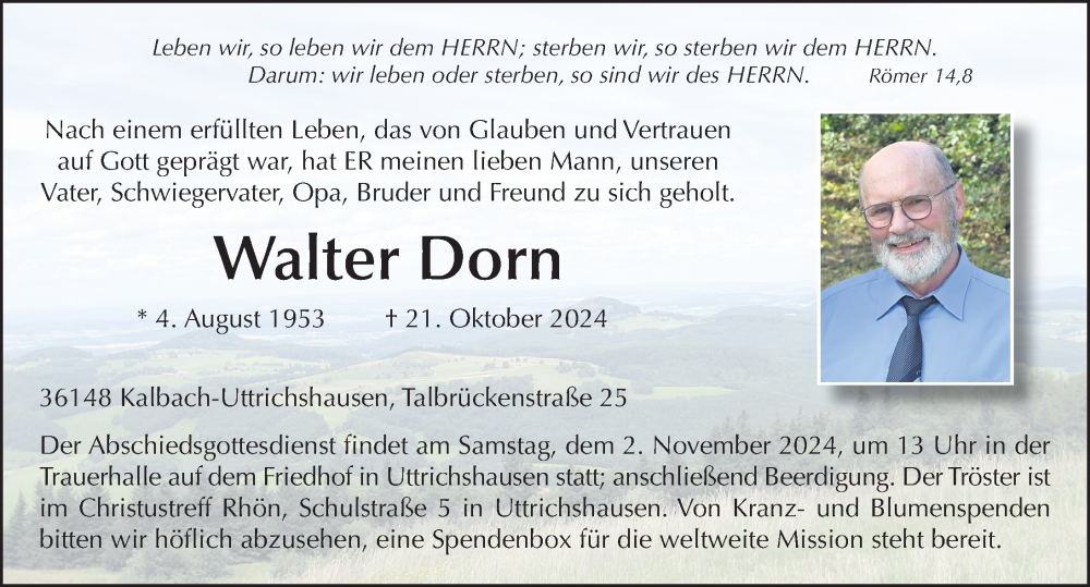  Traueranzeige für Walter Dorn vom 30.10.2024 aus FZ