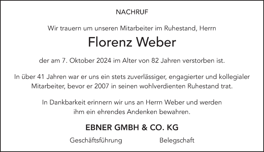  Traueranzeige für Florenz Weber vom 11.10.2024 aus FZ