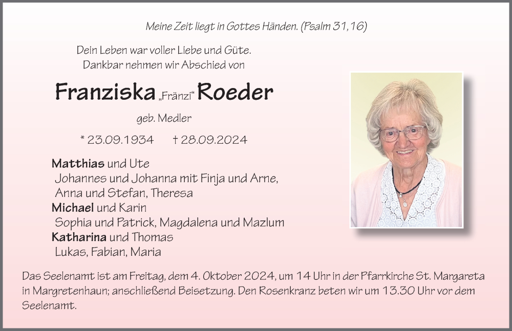  Traueranzeige für Franziska Roeder vom 02.10.2024 aus FZ