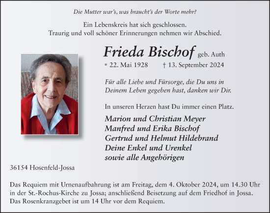Traueranzeige von Frieda Bischof von FZ