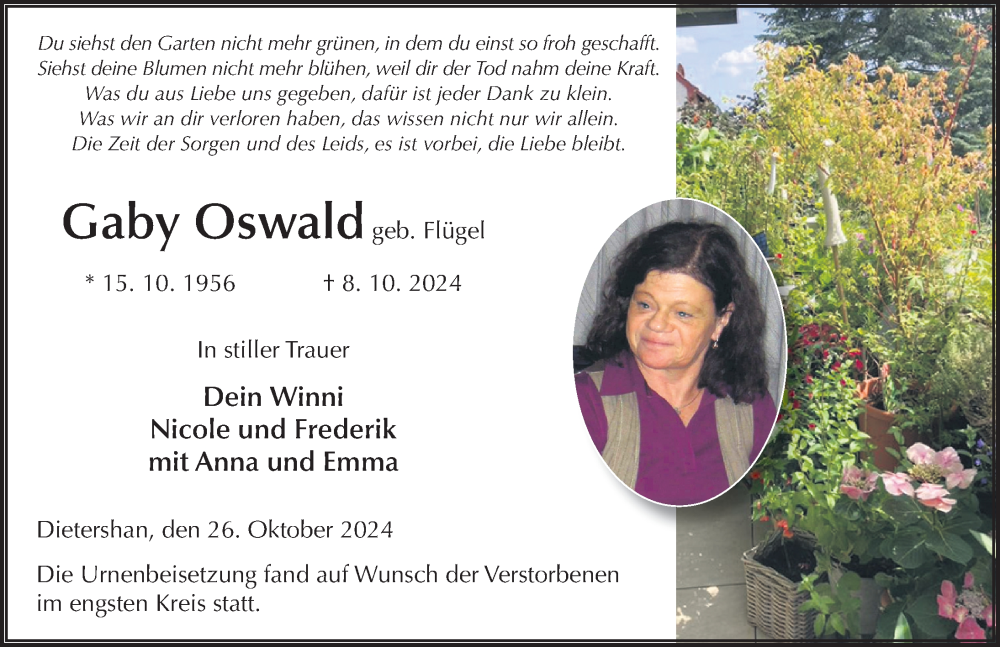  Traueranzeige für Gaby Oswald vom 26.10.2024 aus FZ