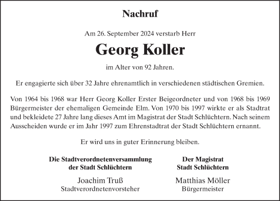 Traueranzeige von Georg Koller von FZ