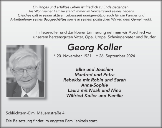 Traueranzeige von Georg Koller von FZ