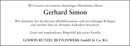 Traueranzeige von Gerhard Simon von FZ