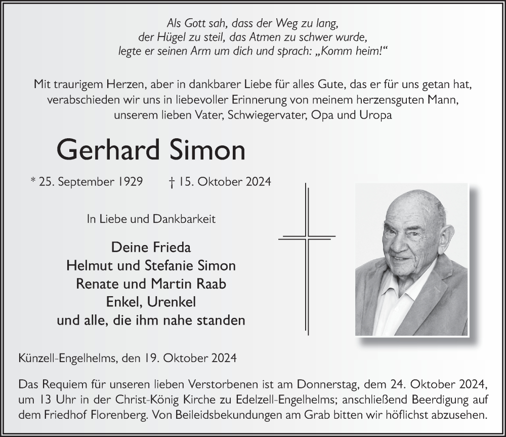  Traueranzeige für Gerhard Simon vom 19.10.2024 aus FZ