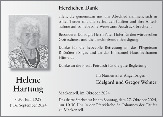 Traueranzeige von Helene Hartung von FZ