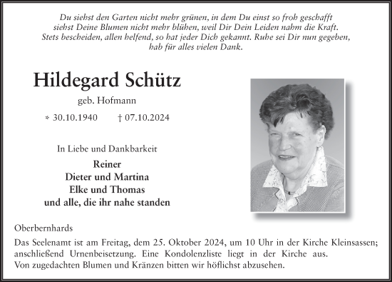 Traueranzeige von Hildegard Schütz von FZ