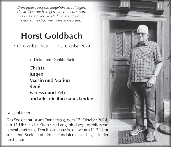 Traueranzeige von Horst Goldbach von FZ