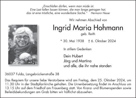 Traueranzeige von Ingrid Maria Hohmann von FZ