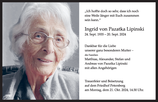 Traueranzeige von Ingrid von Pazatka Lipinski von FZ
