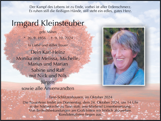 Traueranzeige von Irmgard Kleinsteuber von FZ