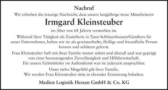 Traueranzeige von Irmgard Kleinsteuber von FZ