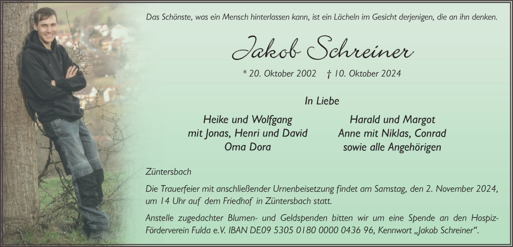  Traueranzeige für Jakob Schreiner vom 26.10.2024 aus FZ