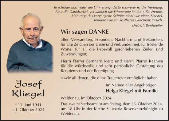 Traueranzeige von Josef Kliegel von FZ