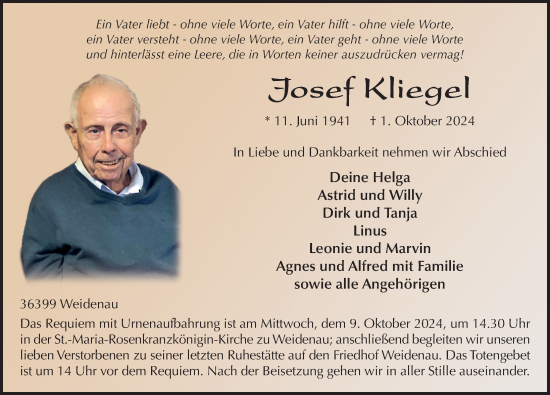 Traueranzeige von Josef Kliegel von FZ