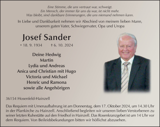 Traueranzeige von Josef Sander von FZ