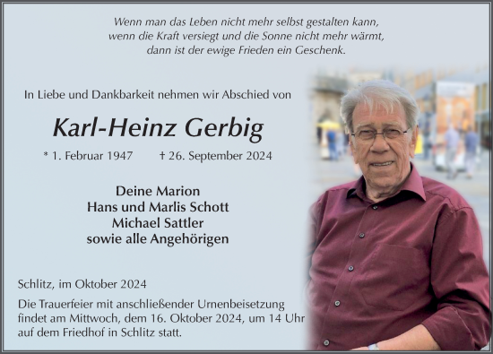 Traueranzeige von Karl-Heinz Gerbig von FZ