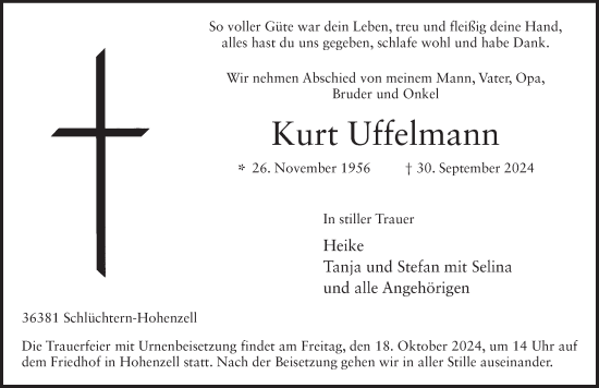 Traueranzeige von Kurt Uffelmann von FZ