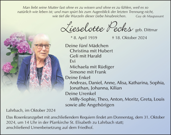 Traueranzeige von Lieselotte Pecks von FZ