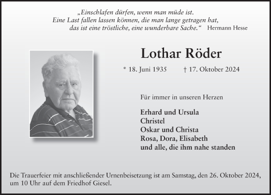 Traueranzeige von Lothar Röder von FZ