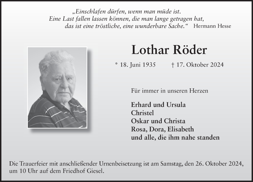  Traueranzeige für Lothar Röder vom 24.10.2024 aus FZ