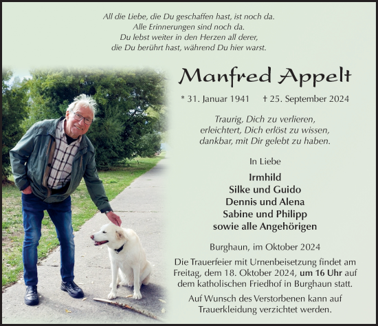 Traueranzeige von Manfred Appelt von FZ