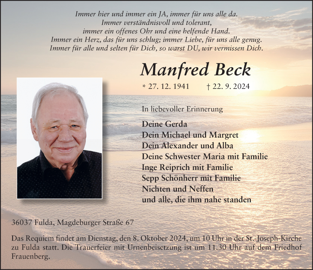  Traueranzeige für Manfred Beck vom 05.10.2024 aus FZ