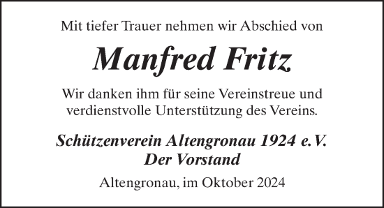 Traueranzeige von Manfred Fritz von FZ